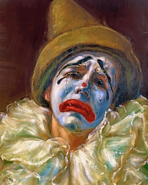 a painting of a clown with his face painted white and wearing a green top hat