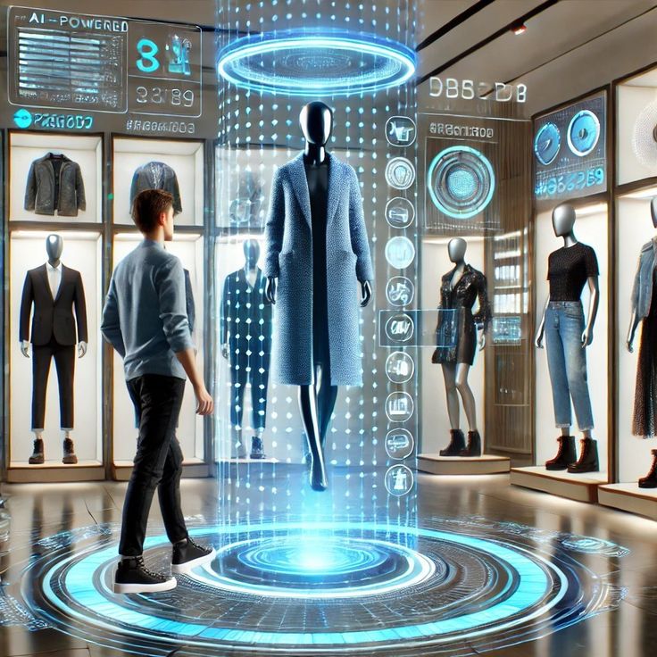 mannequins are displayed in front of display cases with blue lights on them