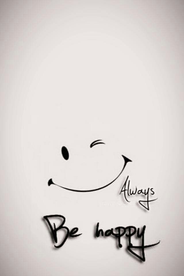 the words be happy are drawn in black ink on a white background with an image of a smiling face