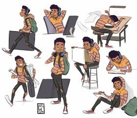 various poses of a man sitting at a desk