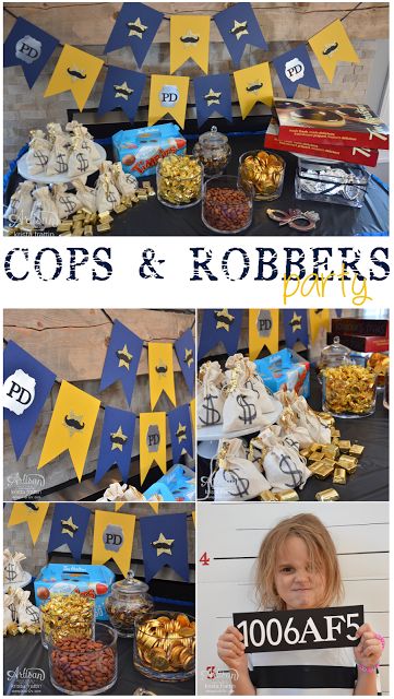 a collage of photos showing various items for a pirate party with text overlay that reads cops and robber party