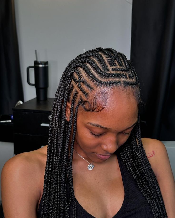 Freestyle Tribal Braids 😍😍😍 So pretty 🤭 , this can be booked up under “ tribal / fulani braids “ ! can be done with either twist or knotless ! - September Bookings are open , Press “ Book Now “ To Book !🧚🏽‍♀️ - Don’t miss out for the special coming up for september 🍒 Hairstylist : @slayedbynyah ⭐️ - #atlbraider #atlhairstylist #atlbraids #tribalbraids #tribalbraidstyle #knotless #atlknotlessbraids #atlknotless #atlknotlessbraider #southfultonbraider #knotlessatl #feedinbraidsatlanta #feedinb... Knotless Box Braids Half Up Half Down, Feedin Knotless Box Braids, Knotless With Cornrows, Different Styles For Knotless Braids, Medium Tribals With Knotless Braids, Small Tribals With Knotless Braids, Tribals With Knotless Braids Hairstyle, Tribals With Knotless Braids Cornrows, Tetris Braids