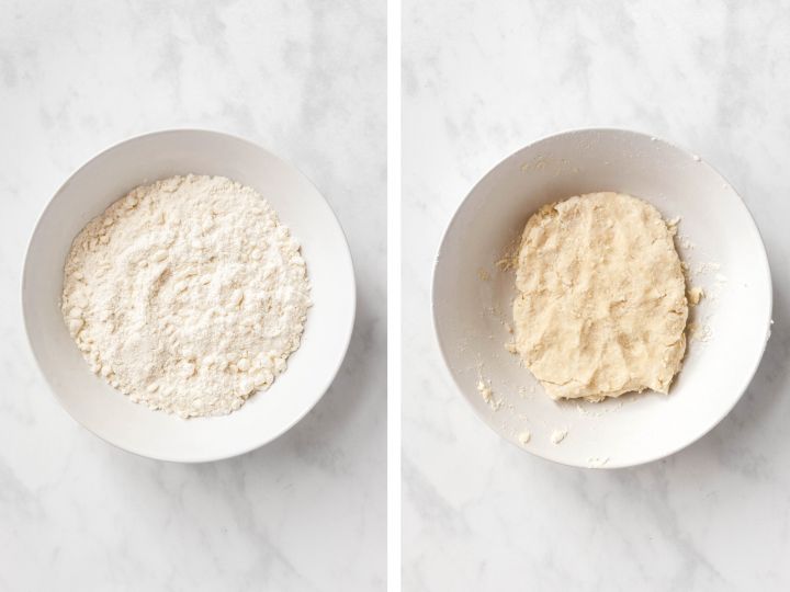 two bowls filled with flour on top of a white counter