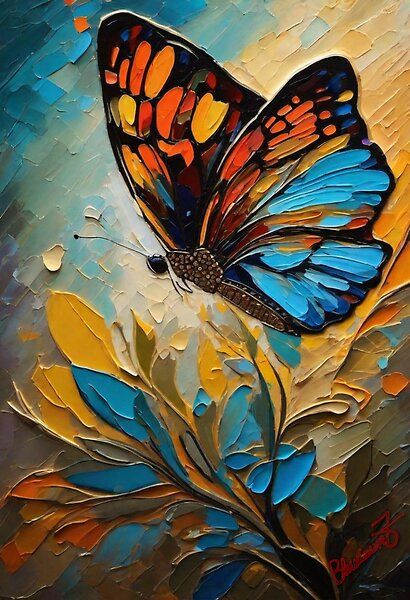 a painting of a butterfly sitting on top of a plant with yellow and blue leaves