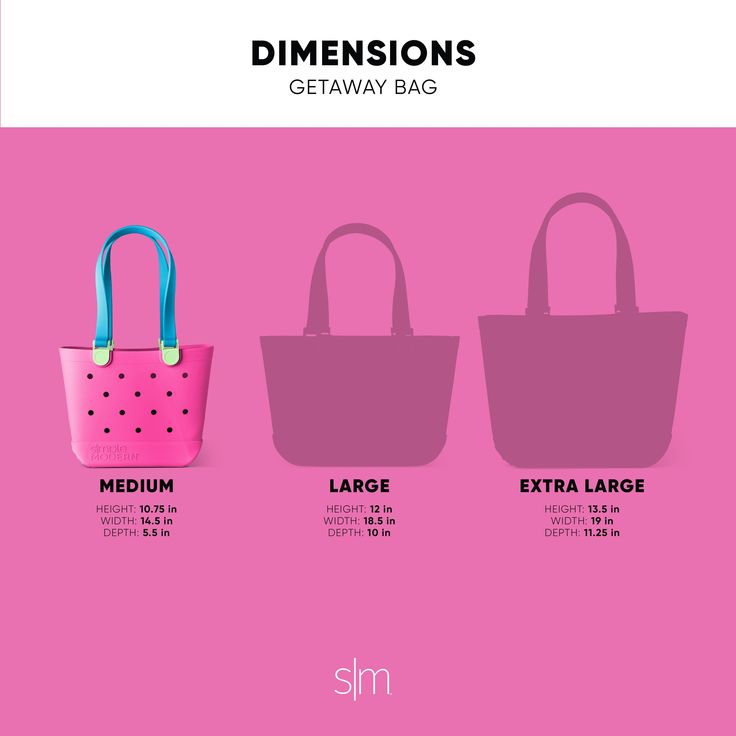 three different types of totes on a pink background with the words,'dimensionss getaway bags '