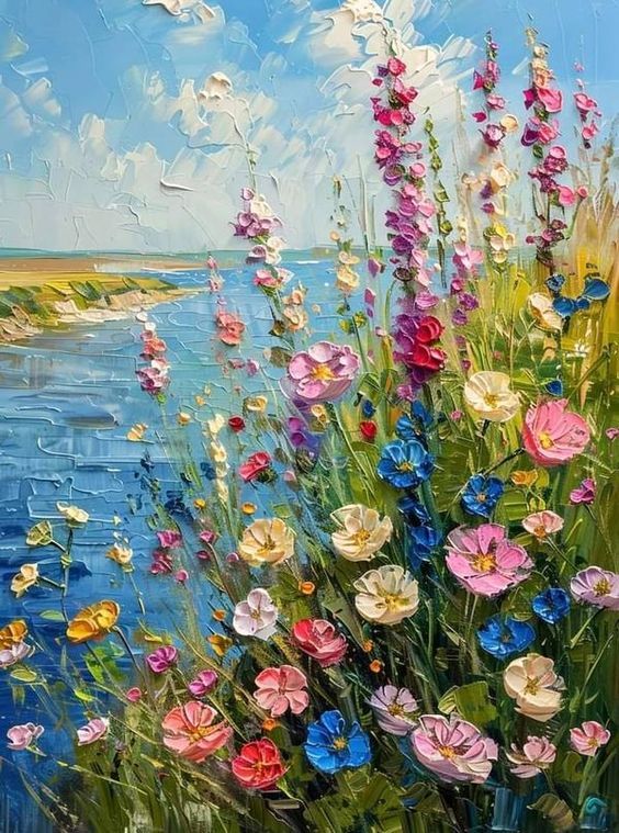 an oil painting of flowers by the water