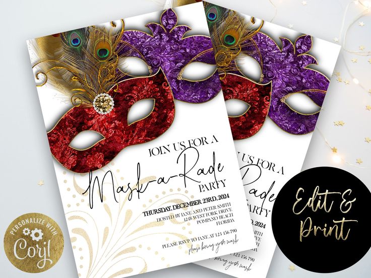 two masquerade masks are on the front and back of this mardi gras party card