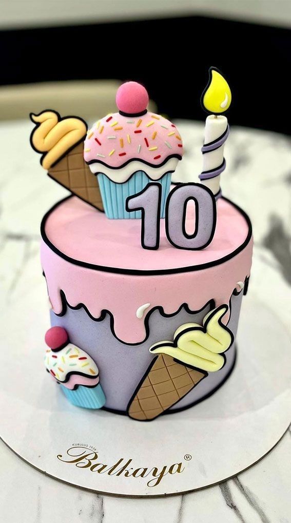 a birthday cake with ice cream, cupcakes and candles on it that says 10