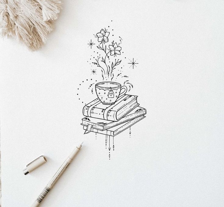 a drawing of a coffee cup on top of a stack of books next to a pen