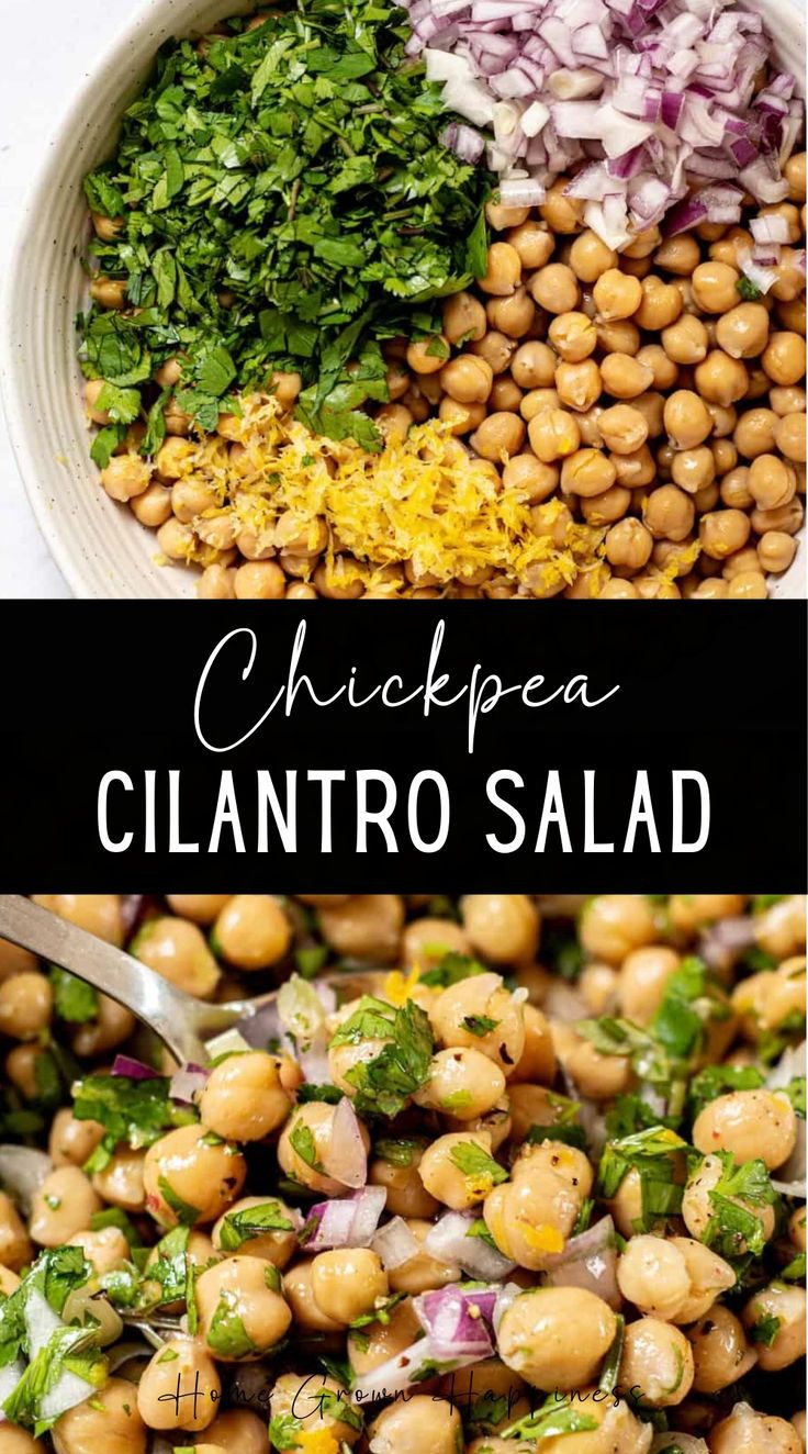 chickpea and cilantro salad in a bowl with the title above it