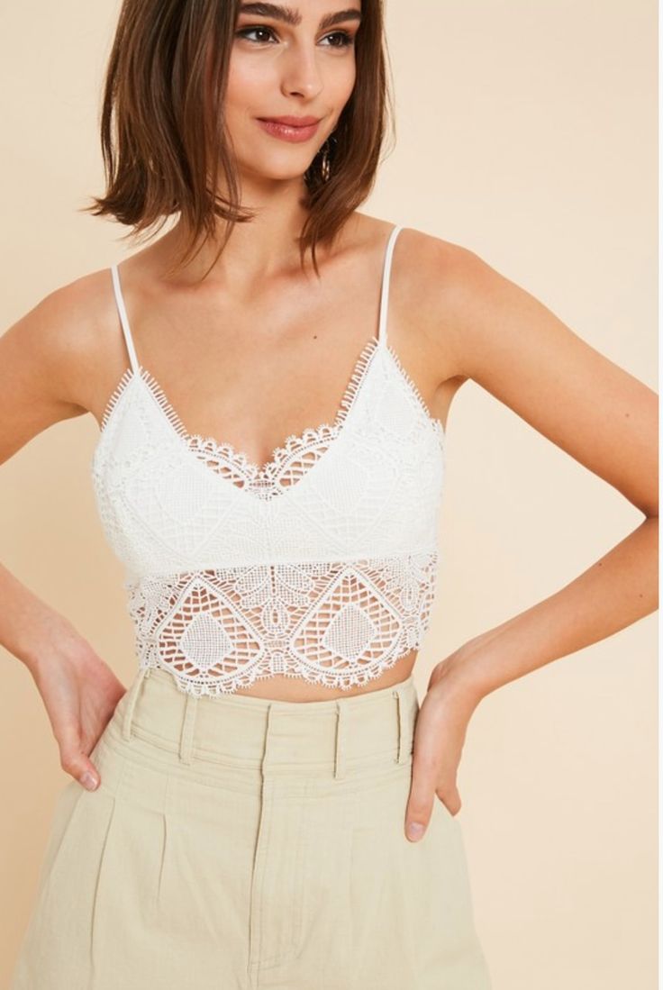 White Bralette Lace Crop Top With Built-in Bra, Chic Lace Crochet Cami Top, Chic Crochet Lace Cami Top, Lace Camisole Bra With Lace Trim, Chic Delicate Lace Crop Top, Fitted Lace Bra With Spaghetti Straps, Lace Cami Crop Top With Lace Trim, White Lace Trim Camisole Bra, White Camisole Bra With Lace Trim