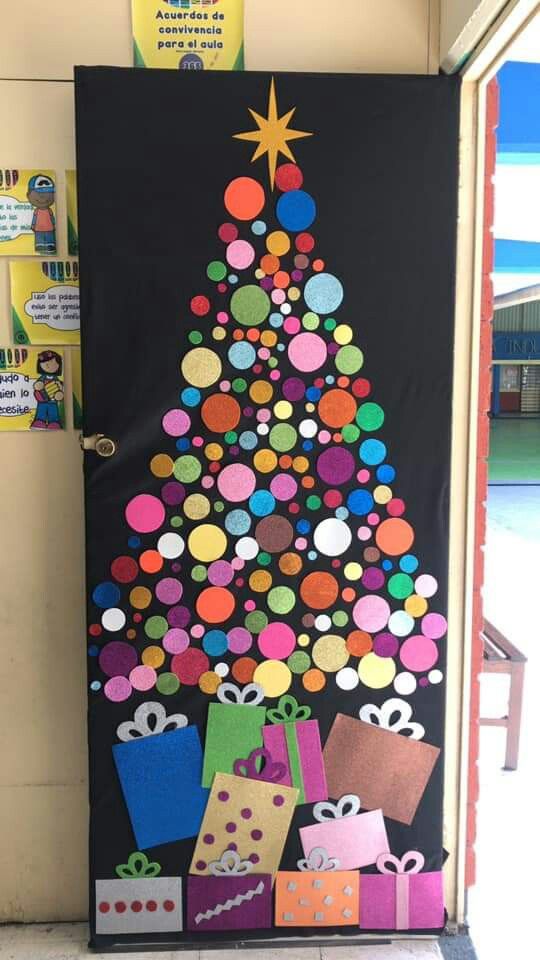 a christmas tree made out of paper and colored circles on a black background with presents