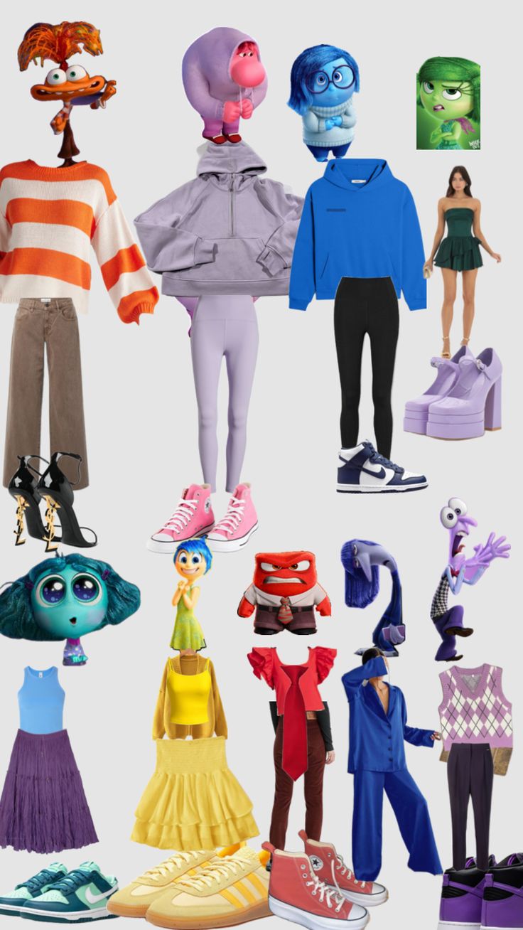 an assortment of cartoon characters are shown in this image, all dressed up and ready to wear