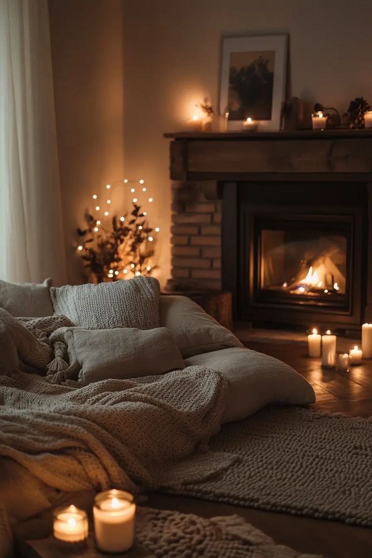 a living room with candles and blankets on the floor next to a fire place in front of a fireplace