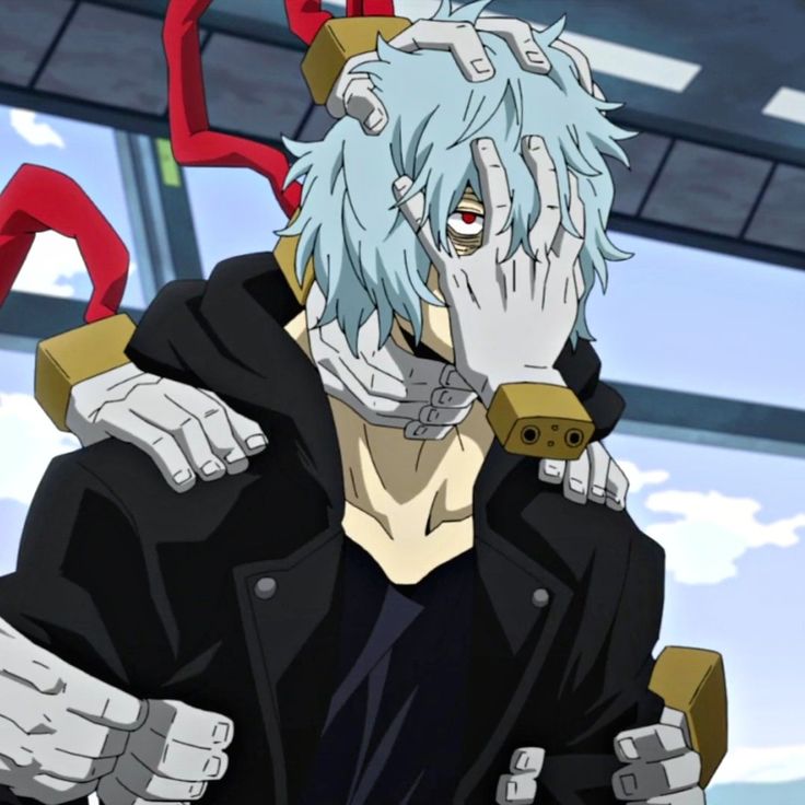 an anime character with blue hair holding his hands to his face and looking at the camera