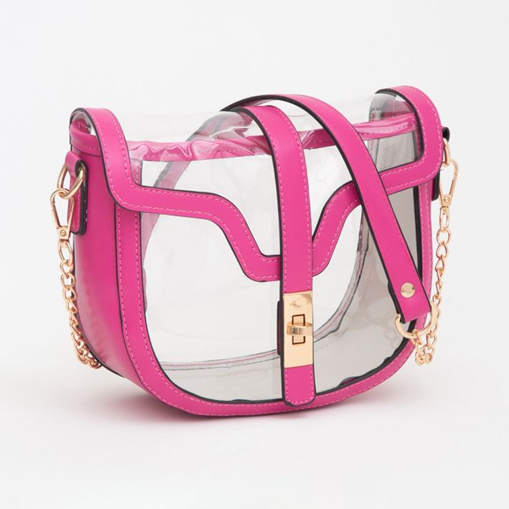 Clear See Through Transparent Casual Simple Fashion Handbag Purse Saddle Shoulder Bag Gold Metal Hardware Bag Size : 8" X 7" X 3" Strap Size : 27" L, Detachable Turn Closure Color: Clear , Fuchsia Womens Fashion Statement Accessory Bag Amazon Employee Worker / Stadium / Concerts F 10612 B Pink Bag With Clear Strap For Everyday Use, Rectangular Shoulder Bag With Transparent Straps, Pink Shoulder Bag With Clear Strap For Daily Use, Pink Party Bags With Clear Strap, Amazon Employee, Pink Shoulder Bag With Clear Strap, Multicolor Bags With Clear Strap, Pink Crossbody Shoulder Bag With Clear Strap, Rectangular Bags With Clear Strap For On-the-go