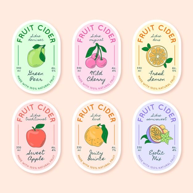 four different flavors of fruit cider labels on a pink and green background with the words fruit cider written below them