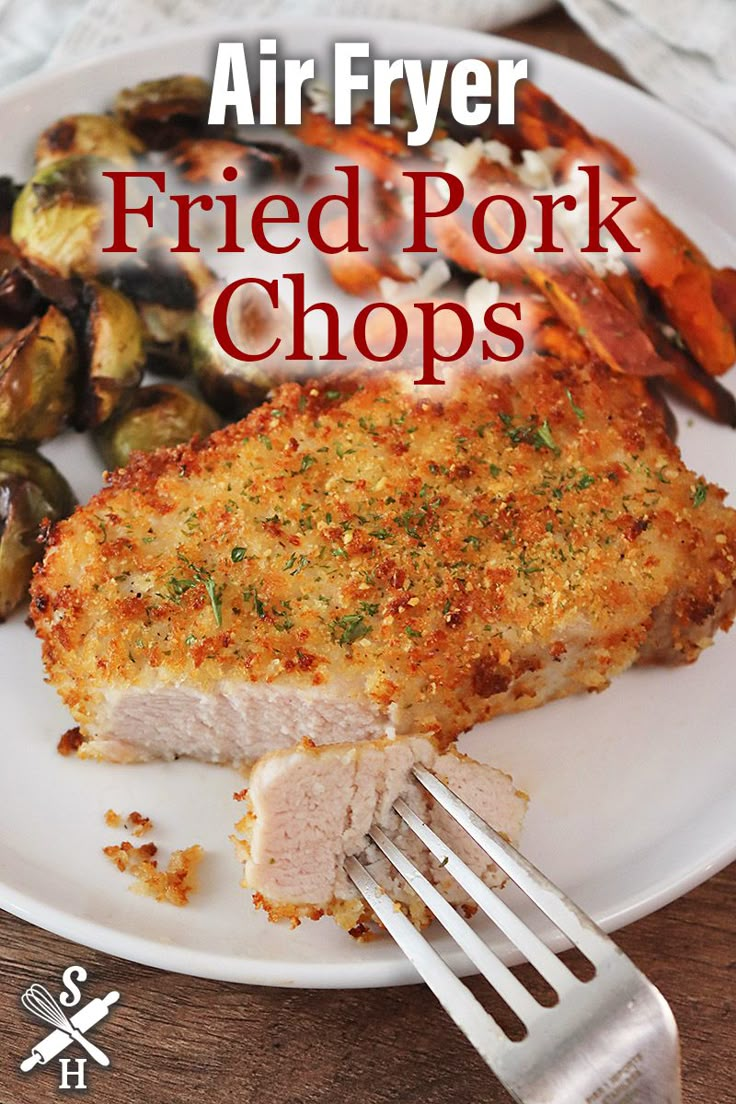 air fryer fried pork chops on a plate with brussel sprouts