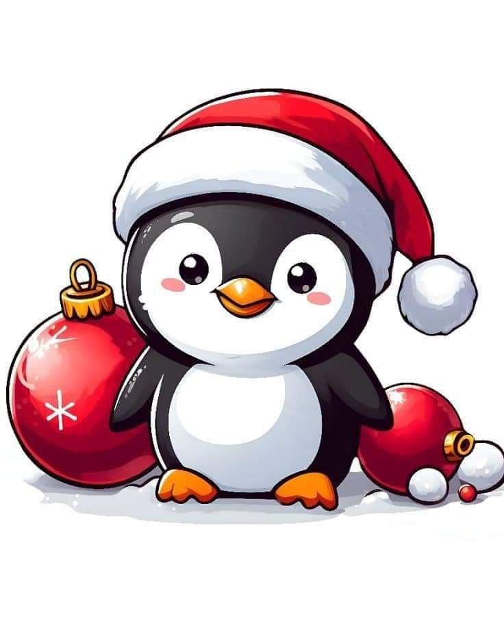 a penguin wearing a santa claus hat and holding a christmas ornament in its paws