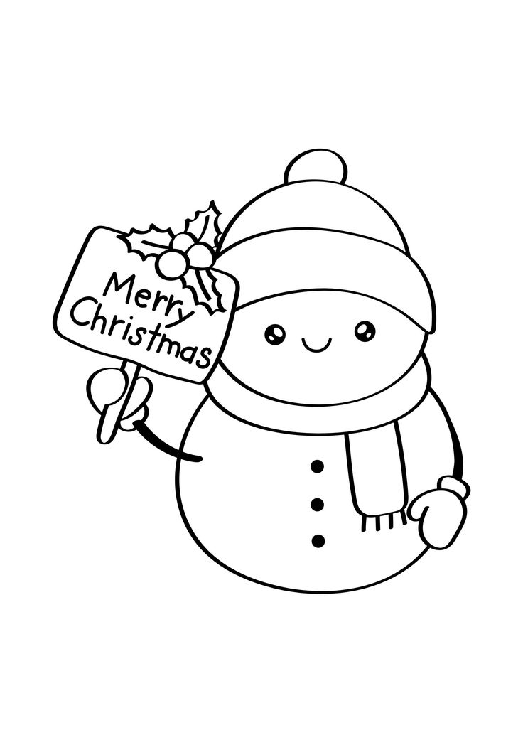 a black and white drawing of a snowman holding a merry sign with the words merry christmas