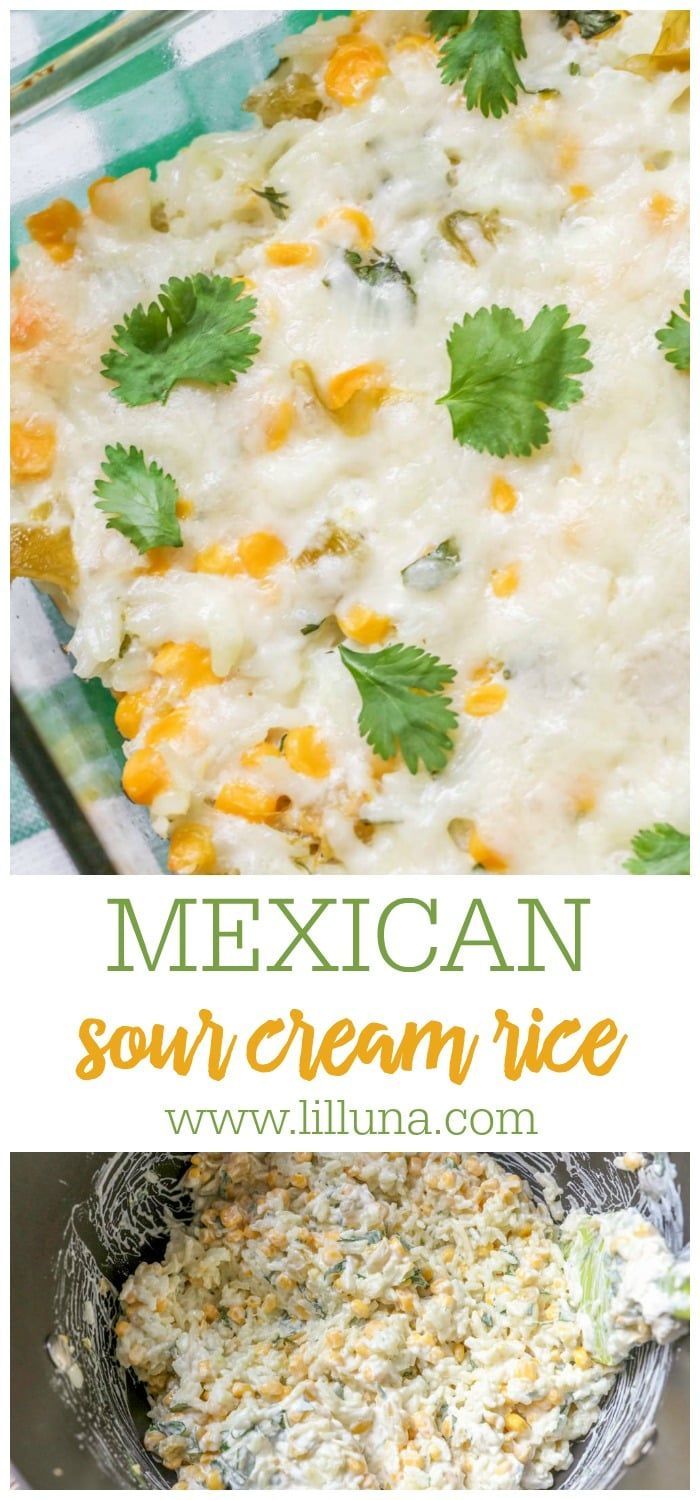 mexican sour cream rice with cilantro and parsley in a casserole dish