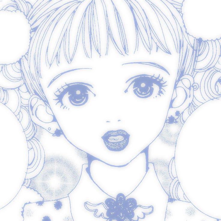 a drawing of a girl with blue eyes and curly hair in front of white balls