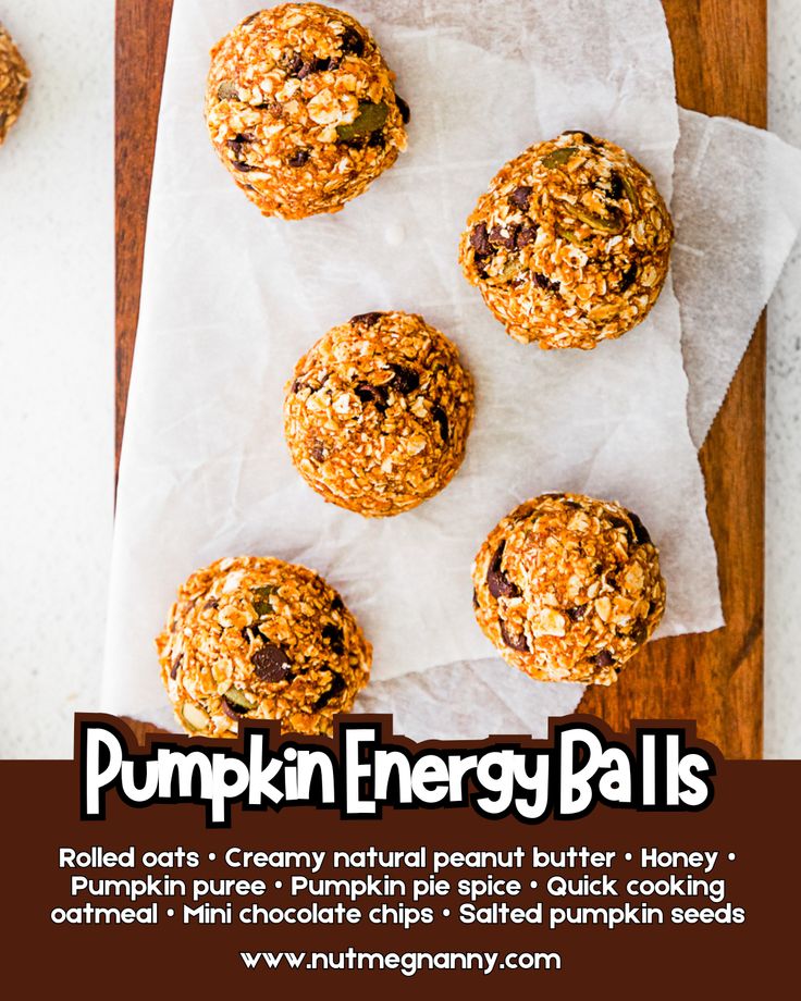 pumpkin energy balls on a cutting board with text overlay that reads, pumpkin energy balls