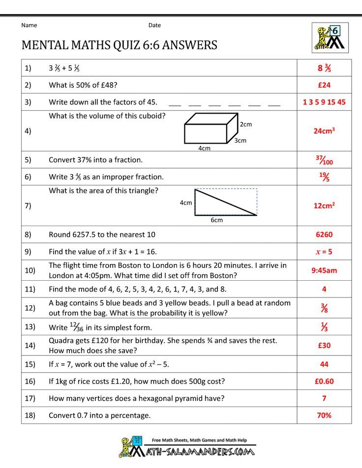 a worksheet with answers on mental maths quiz and answer sheet for students