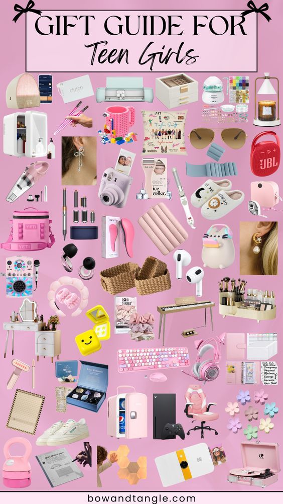 the gift guide for teen girls with pink background and lots of different items on it