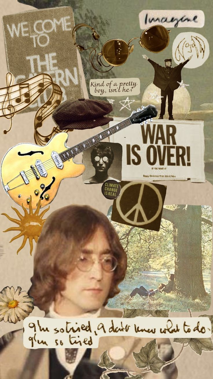 the collage has many different pictures and words on it, including an electric guitar