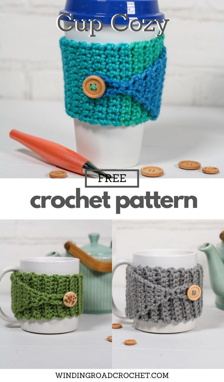 crochet coffee cup cozyies with free pattern and instructions to make them look like they are knitted together