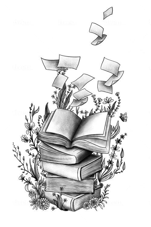 a stack of books flying through the air with papers coming out of it's pages