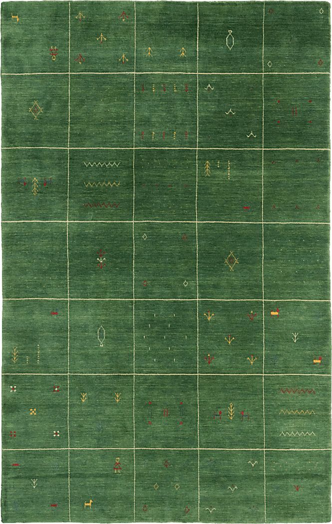 a green rug with many different designs on the top and bottom, including small circles