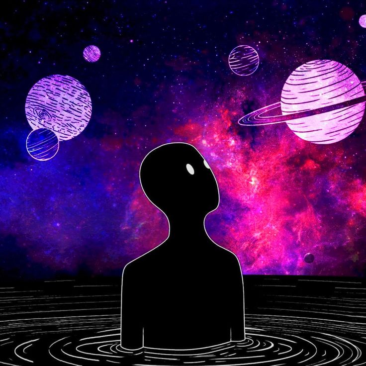 a man is floating in the water surrounded by planets