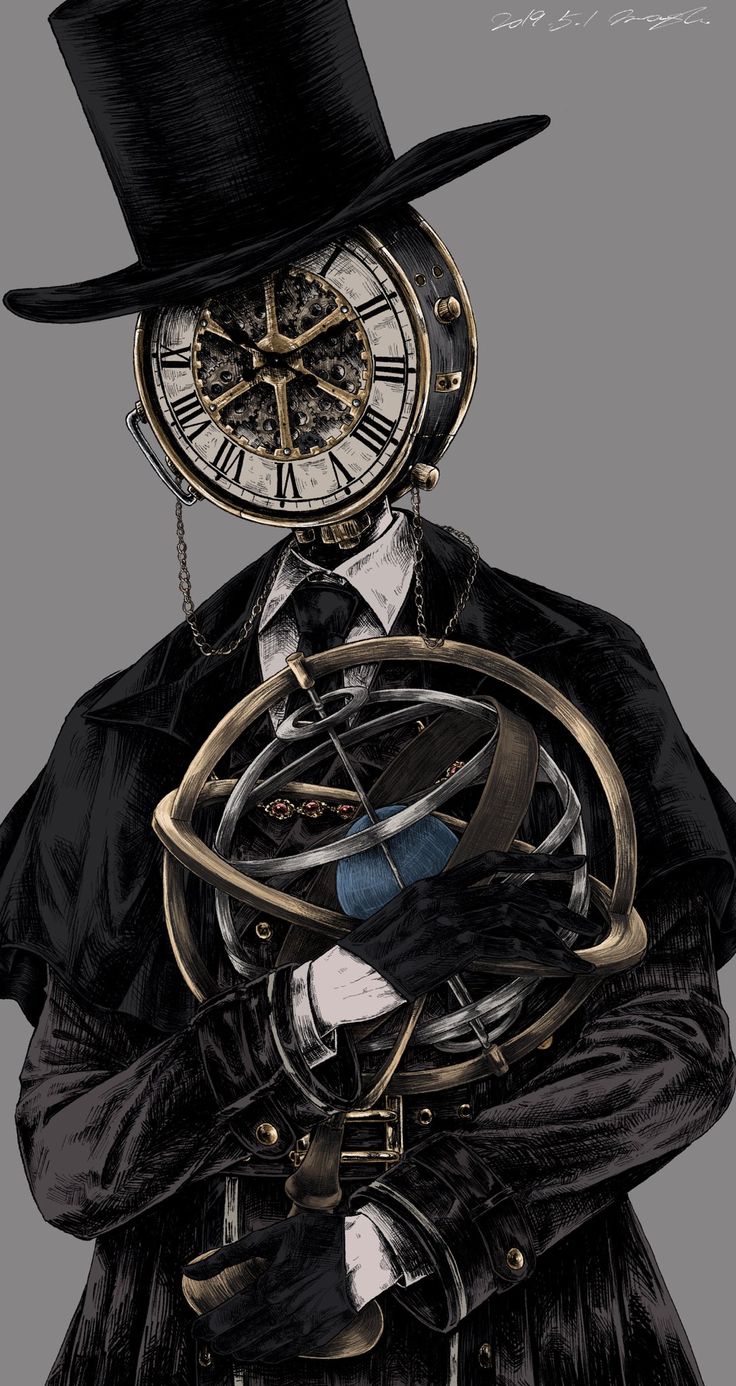 a drawing of a man wearing a top hat and holding a clock in his hands