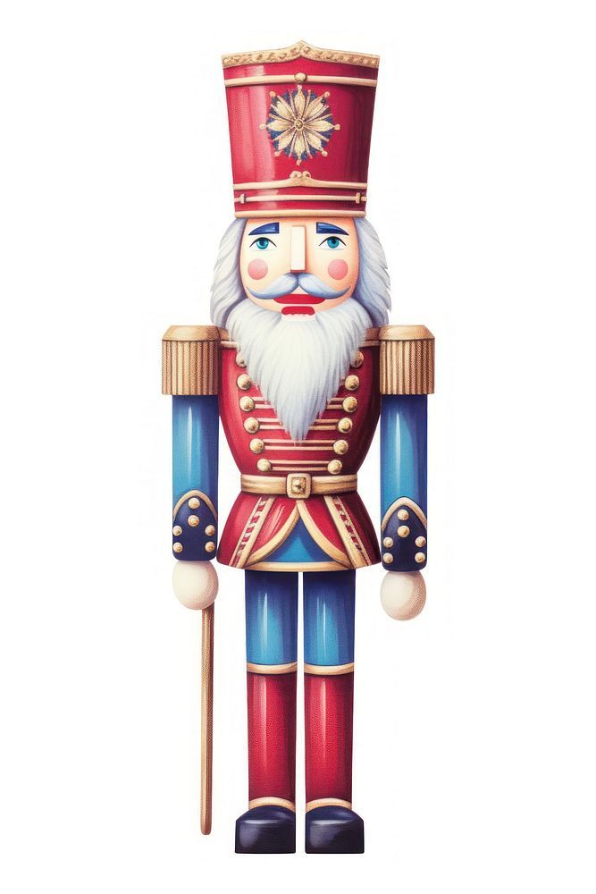 a wooden nutcracker with a red hat and blue coat on it's head