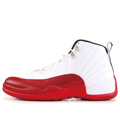 First released in 1997, the Air Jordan 12 Retro ‘Cherry’ 2009 is a retro of one of the most iconic basketball shoes of all time. Worn by Michael Jordan during his record-breaking fifth NBA Championship season, the shoe is just as popular today as it was over 20 years ago.  The white leather upper is accented by a Gym Red textured mudguard, which blends seamlessly into the black and red outsole. The heel features the numbers ‘23’ in white against a red backdrop, while the ribbed pattern in the middle of the outsole reveals a zig-zag design.  Whether you’re a die-hard Jordan fan or simply appreciate a classic sneaker. (SNKR/High Top/Colorblock/Basketball) Throwback Low-top Jordan Shoes For Basketball, Classic High-top Basketball Sneakers, Jordan Basketball Shoes With Branded Insole, Throwback White Jordan Shoes With Boost Midsole, White Jordan Shoes With Round Toe Throwback Style, White Throwback Jordan Shoes With Round Toe, White Basketball Shoes With Padded Tongue And Round Toe, High-top Basketball Shoes With Red Sole, High-top Basketball Shoes With Red Sole For Sports Events