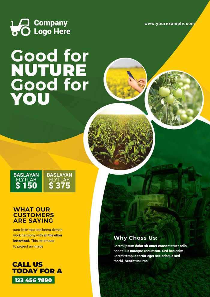 a green and yellow brochure with pictures of farm equipment on it's side