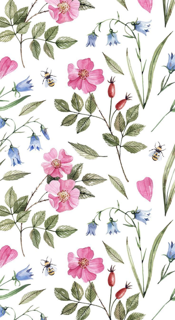 a white background with pink and blue flowers, green leaves and a bee on it