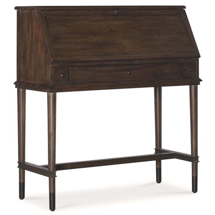 a wooden desk with two drawers on one side and an open drawer on the other