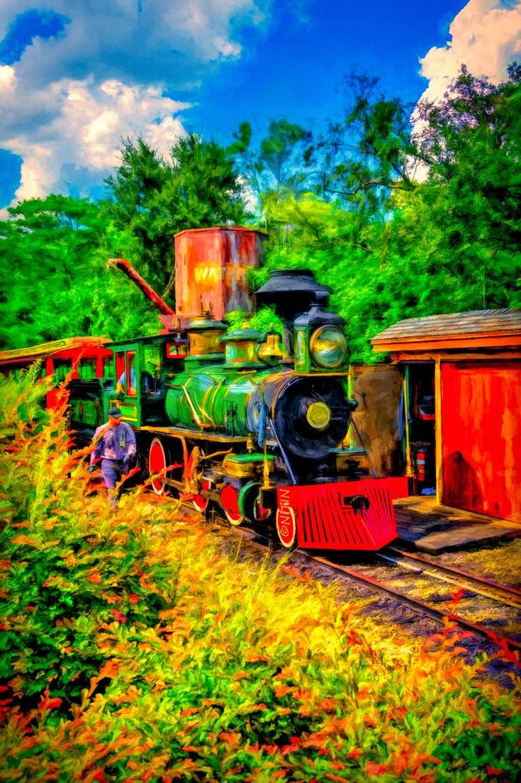 a painting of a train on the tracks in front of trees and bushes, with a man standing next to it