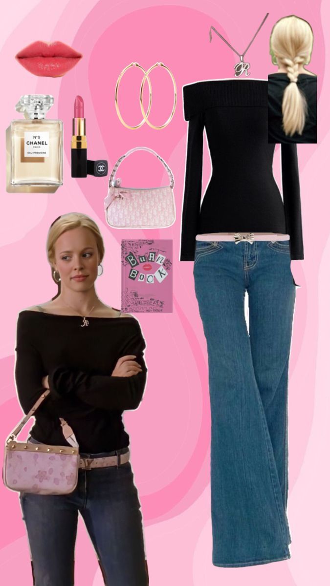 a woman in black shirt and jeans standing next to pink background with items on it