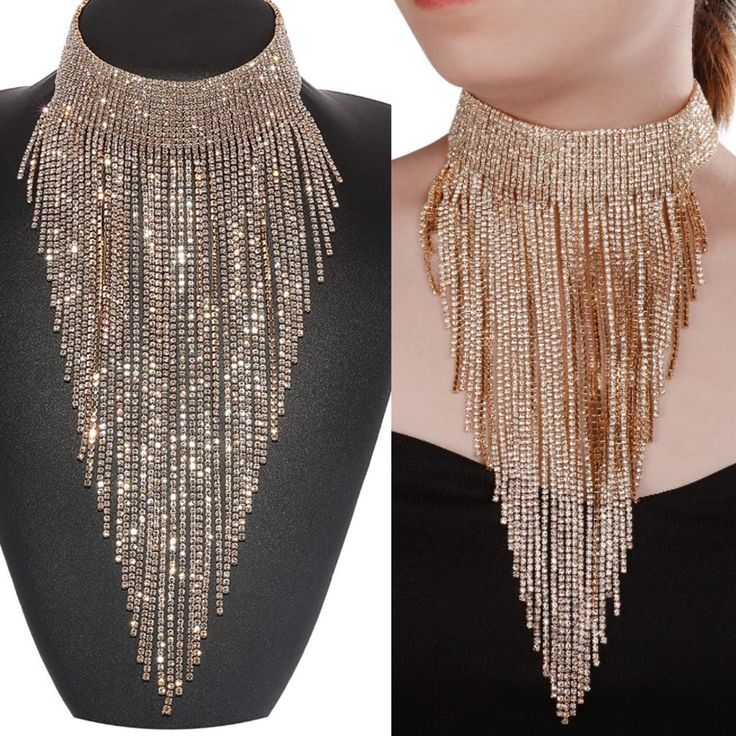 Gold Tassel Collar Statement Necklace *Nwt* Arrives New And Never Worn Perfect For Special Occasions And Holiday Wear Make A Statement!!!! Fashion Jewelry Includes 1 Pc Tassel Choker With Pink Gift Box. Max Neck Perimeter :15.7” Weight: 122g Material: Environmentally Friendly Rhinestone Beads & Alloy Chains No Trades Bundle & Save Silver Tassel Necklace For Party, Adjustable Metal Tassel Necklace For Party, Party Tassel Necklace With Adjustable Chain, Adjustable Dangle Tassel Necklace For Party, Metal Tassel Necklace For Party, Silver Metal Tassel Necklace For Party, Gold Rhinestone Fringe Metal Jewelry, Elegant Metal Tassel Necklace For Parties, Gold Metal Jewelry With Rhinestone Fringe