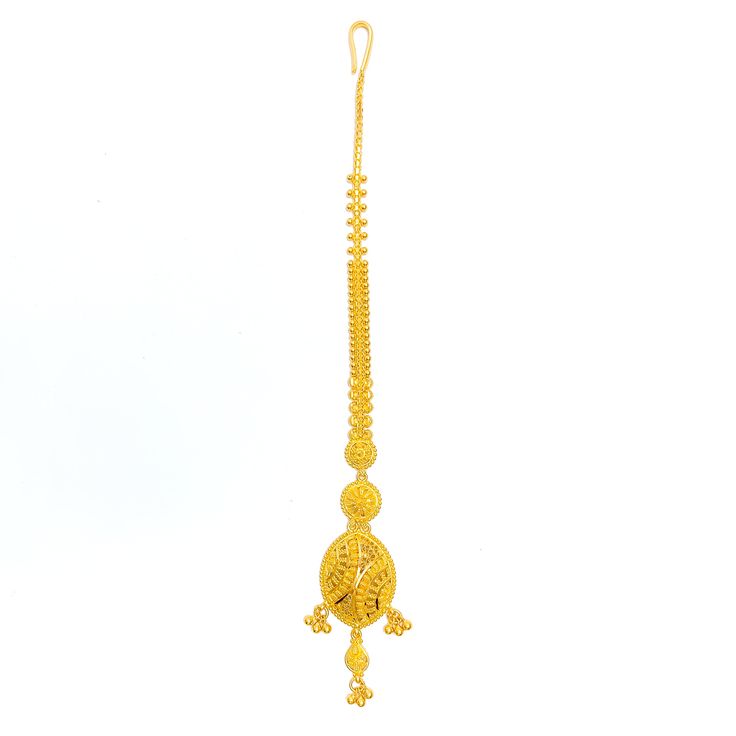 The Gorgeous Dressy 22k Gold Tikka, weighing 8.8 grams, is a splendid piece that combines traditional elegance with a touch of modern flair. Crafted from 22k gold, it features a lustrous yellow gold finish, highlighting the detailed craftsmanship. The tikka extends to a length of 6 inches, making it a prominent and stylish accessory. It comes equipped with a hook clasp, ensuring ease of wear and security. Ideal for those who desire a blend of classic beauty and contemporary design in their jewel Elegant Ceremonial Tikka With Tilla Detailing, Elegant Yellow Jewelry For Puja, Elegant Ceremonial Tikka With Intricate Design, Gold Kundan Tikka With Cutdana, Elegant Zari Work Tikka For Puja, Festive Yellow Gold Kundan Tikka, Gold Chandbali Tikka With Zari Work, Elegant 22k Gold Temple Necklace For Puja, Elegant Gold Tikka For Navratri