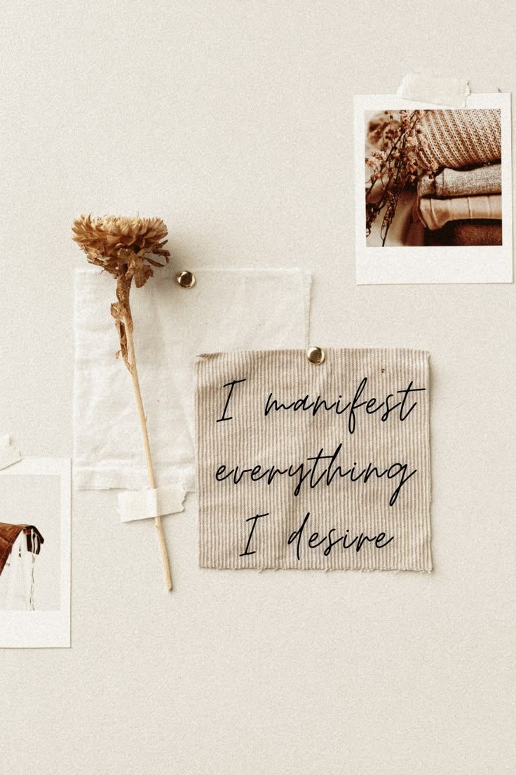 a piece of paper with writing on it next to pictures and a dried flower in the corner