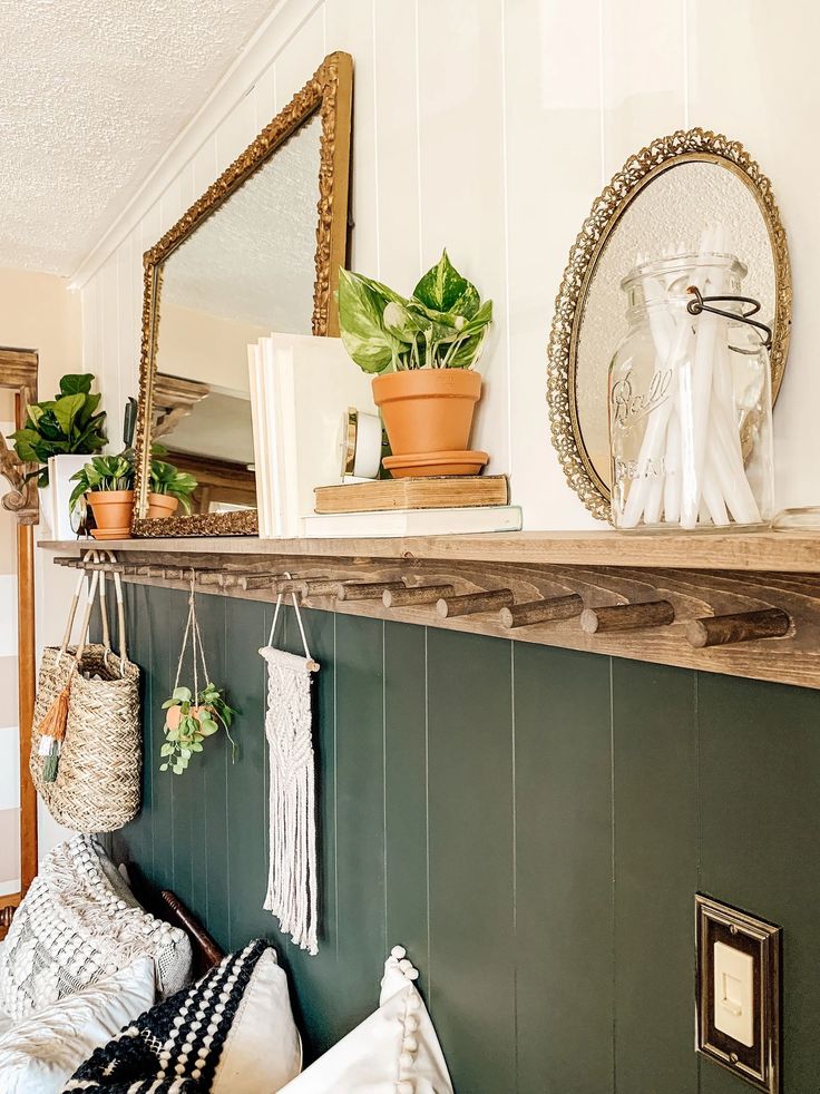 a shelf with some plants and pictures on top of it, along with other items