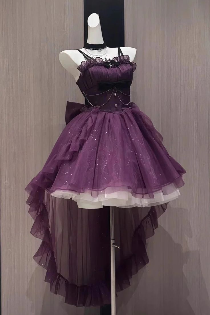 Purple Shining Bowknot Irregular Sweet Princess Gorgeous Lolita Jsk Dress – LolitaInside Space Princess Dress, Short Dark Purple Dress, Jsk Dress, Space Princess, Choker Dress, Anime Dress, Gorgeous Clothes, Oc Ideas, Elegant Chic