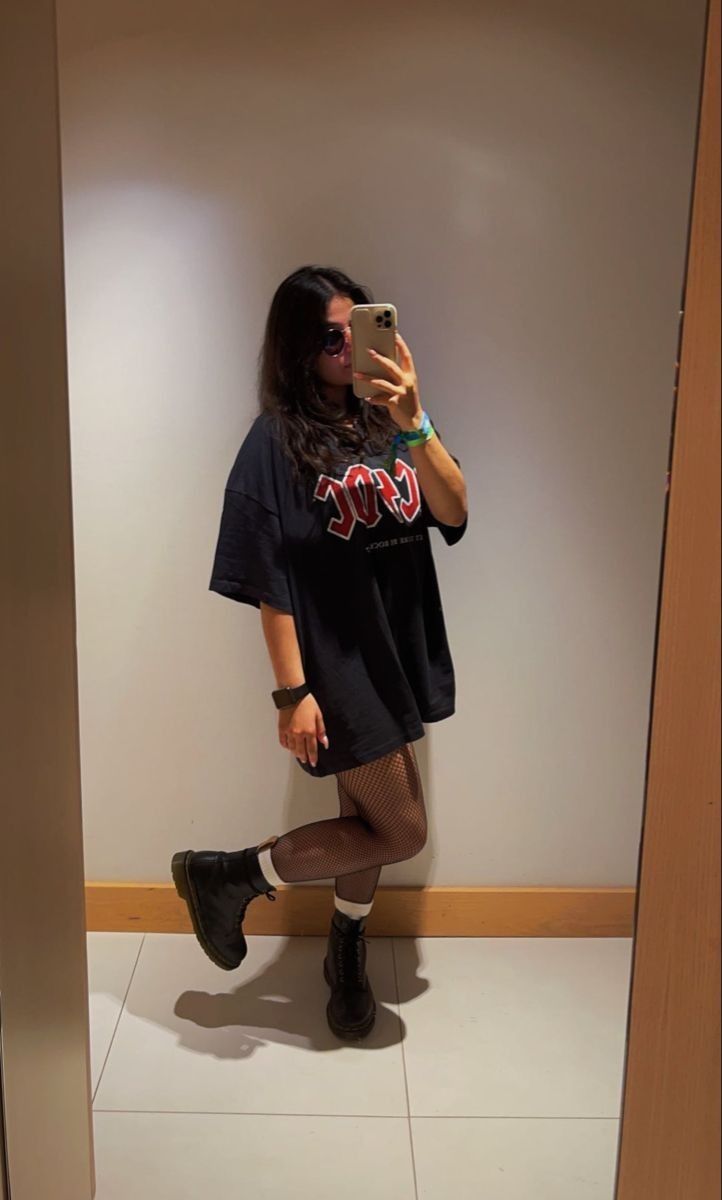 Graphic Tee And Tights Outfit, Oversized Shirt And Stockings Outfit, Tshirt Dress With Tights Outfit, Big T Shirt And Boots Outfit, Oversized Tee And Tights, Big Shirt And Tights Outfit, Oversized Shirt And Tights Outfit, Tights And Doc Martens Outfit, Black Oversized Tshirt Outfit