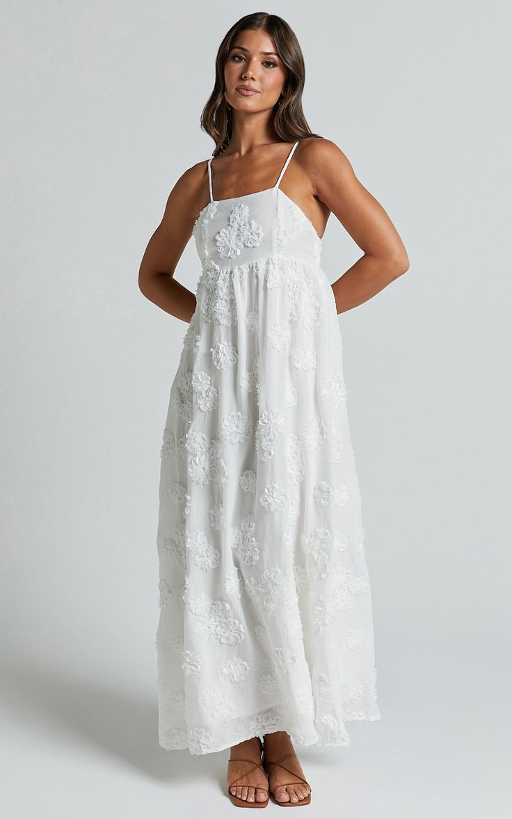 Claya Maxi Dress - Sleeveless Straight Neckline Floral Detail Dress in White Embroidery | Showpo USA White Eyelet Maxi Dress, White Sun Dresses, White Maxi Dress Casual, Classy Sundress, Sundress Wedding Dress, White Maxi Sundress, Maxi White Dress, White Bridal Shower Dress, Hawaii Dresses