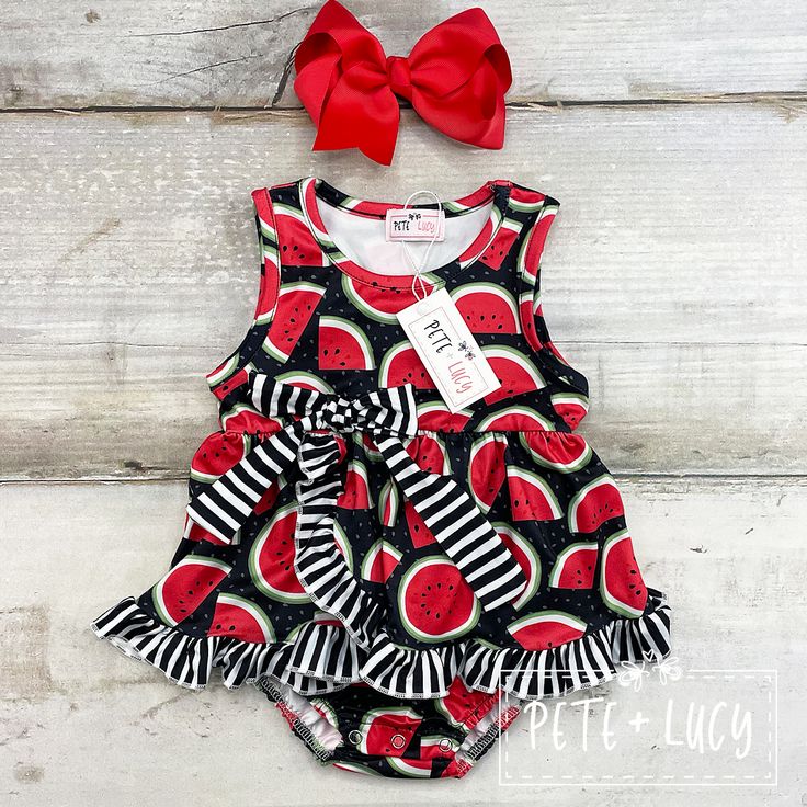 Cute sleeveless romper with bright red watermelon pattern. Bow not included. Fun Sleeveless Bubble Romper For Beach, Green Sleeveless Bubble Romper, Red Bubble Romper For Summer Beach, Fitted Red Bubble Romper For Summer, Red Fitted Bubble Romper For Summer, Playful Red Sleeveless Bubble Romper, Red Bubble Romper For Summer Playwear, Summer Red Bubble Romper For Playwear, Cute Red Bubble Romper For Playtime